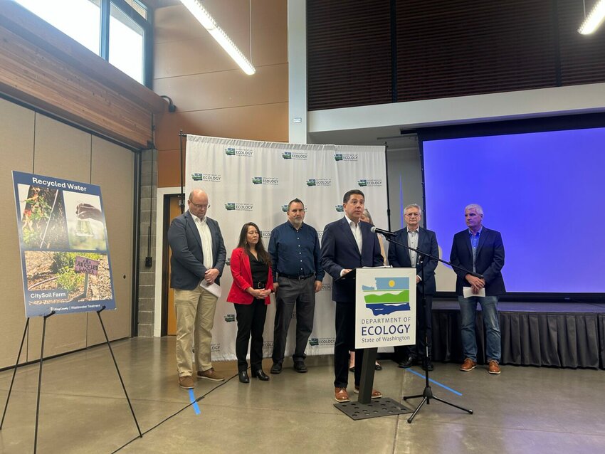 Washington state Department of Ecology Director Casey Sixkiller speaks alongside local leaders on a new effort to respond to Washington&rsquo;s persistent droughts. (Photo by Jake Goldstein-Street/Washington State Standard)