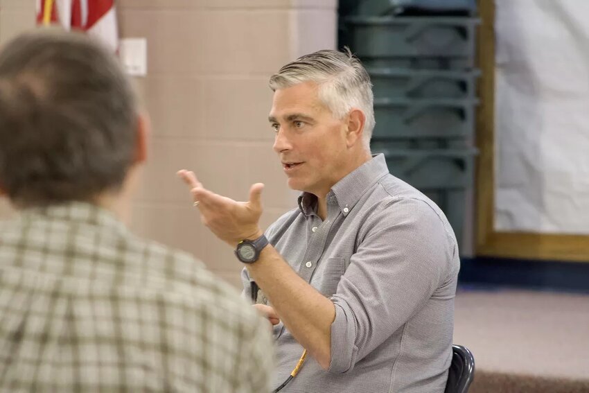 Rep. Michael Baumgartner talks during a town hall in Republic on the evening of Monday, May 4, 2026, as part of a tour across the 5th Congressional District.