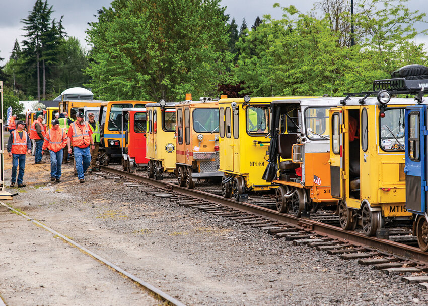 A total of 22 rail speeder cars joined in on a rare excursion of the Chelatchie Prairie Railroad and stopped in Battle Ground on Tuesday, May 5.