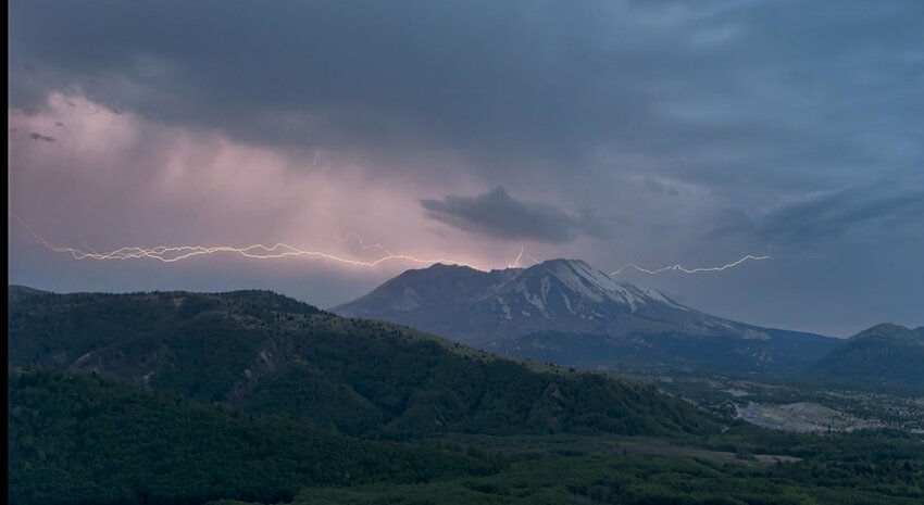 &ldquo;Nice little lightning show tonight around sunset,&rdquo; Ian Reed of the Mount St. Helens Science and Learning Center at Coldwater wrote on Tuesday night. Reed captured these photos of lightning over the volcano as thunderstorms moved through the region.