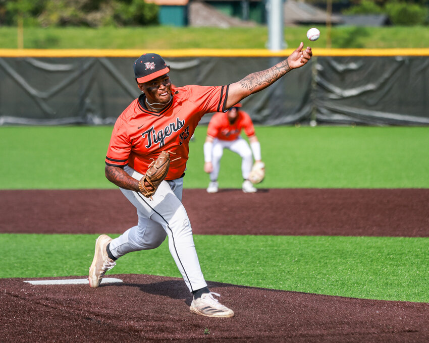 Battle Ground's James Gill III fires in a pitch during the Tigers 2-1 loss to Curtis High School on Tuesday, May 12.