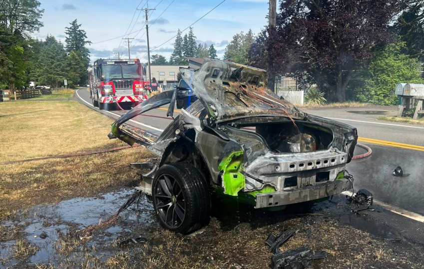 A wrecked vehicle in Thurston County after it collided with a power pole, splitting the car in half on June 23, 2025. The driver was treated for minor injuries and was booked for DUI. The vehicle&rsquo;s speedometer was stuck at 100 mph, according to the Thurston County Sheriff&rsquo;s Office.