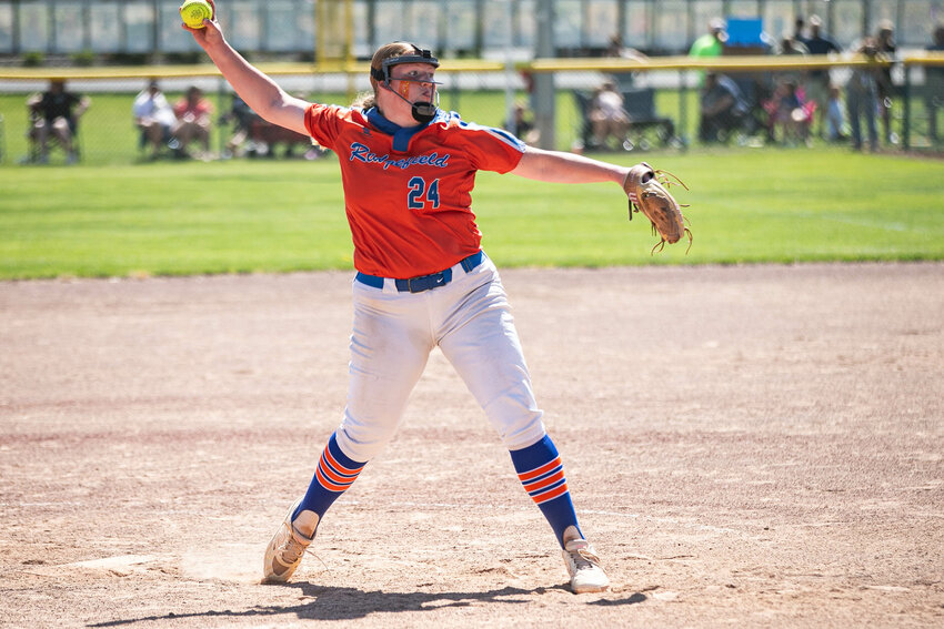 Ridgefield's Faith Smith throws a pitch against Selah during as Class 2A Round of 16 state tournament game on Friday, May 22 at Carlon Park.