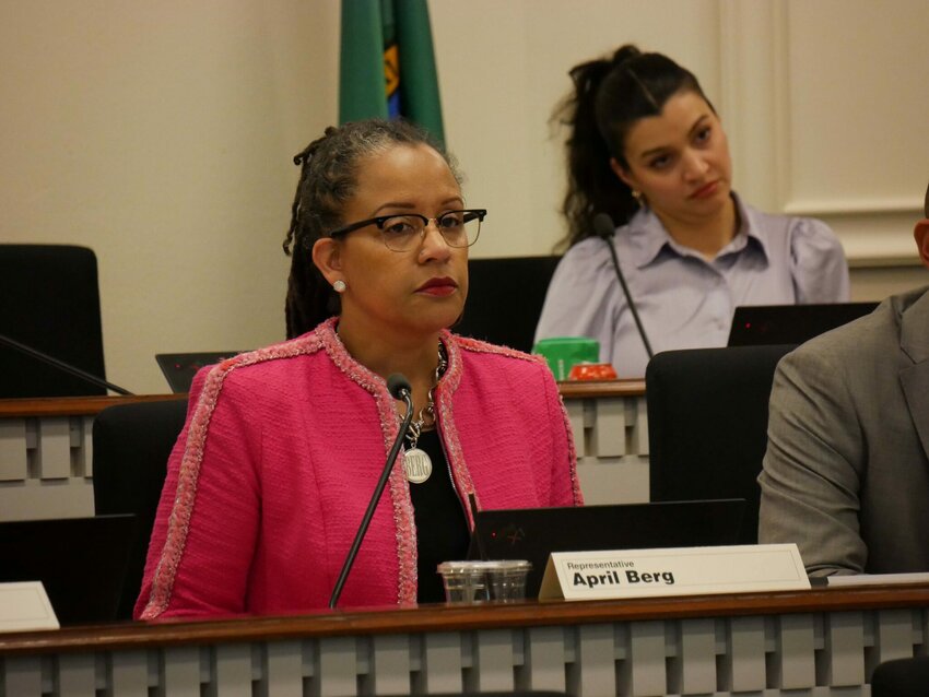 House Finance Chair April Berg, D-Mill Creek, during a Jan. 22, 2026 committee hearing on House Bill 2100 to levy a payroll tax on larger companies with highly paid employees. (Photo by Bill Lucia/Washington State Standard)
