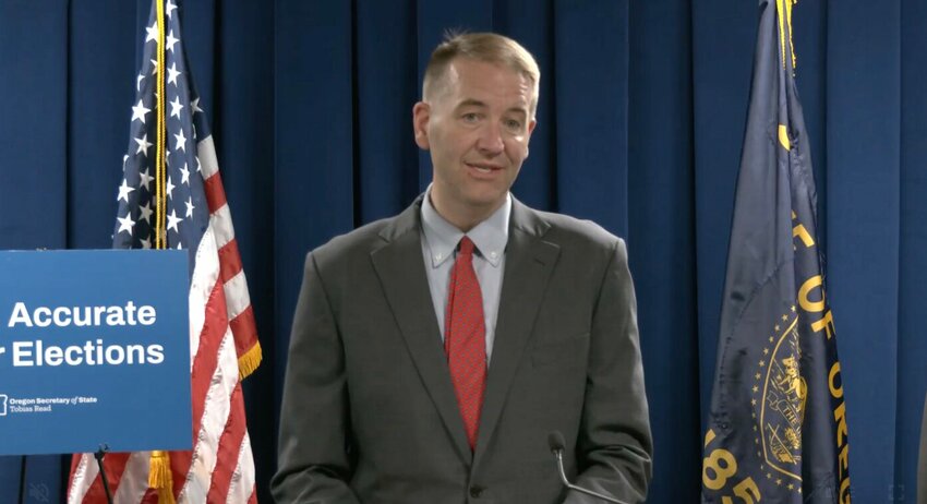 Oregon Secretary of State Tobias Read speaks to reporters at a press conference on the day of the primary election on Tuesday, May 19, 2026. (Oregon Legislative Information System)