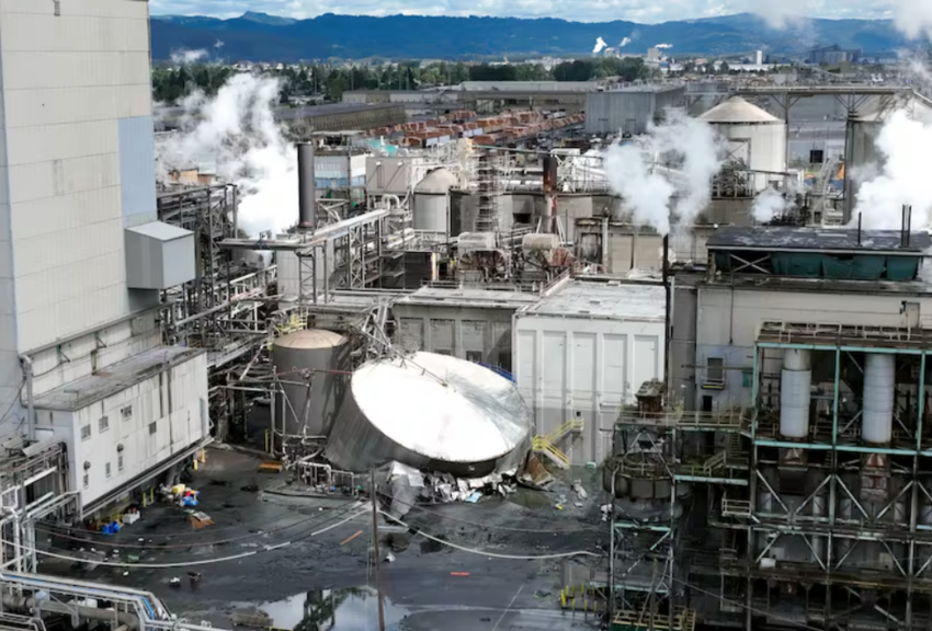Aerial views of the Nippon Dynawave Packaging Co. in Longview, Wash., showing the scene of a major chemical tank implosion at a Southwest Washington paper mill, May 26, 2026.