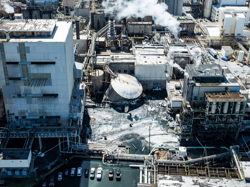The site of an implosion that took place in the morning of Tuesday, May 26 at Nippon Dynawave Packaging Company can be seen by aerial photo in Longview on Wednesday, May 27.