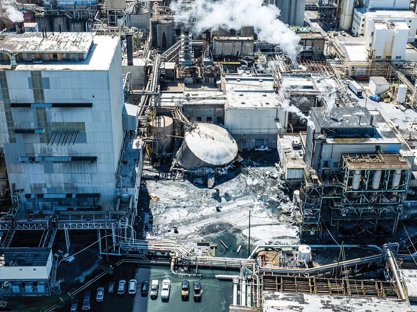 The site of an implosion that took place in the morning of Tuesday, May 26 at Nippon Dynawave Packaging Company can be seen by aerial photo in Longview on Wednesday, May 27.