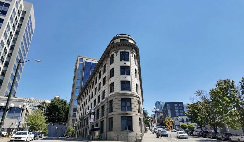 The King County Regional Homelessness Authority building is seen on a clear day in Seattle.