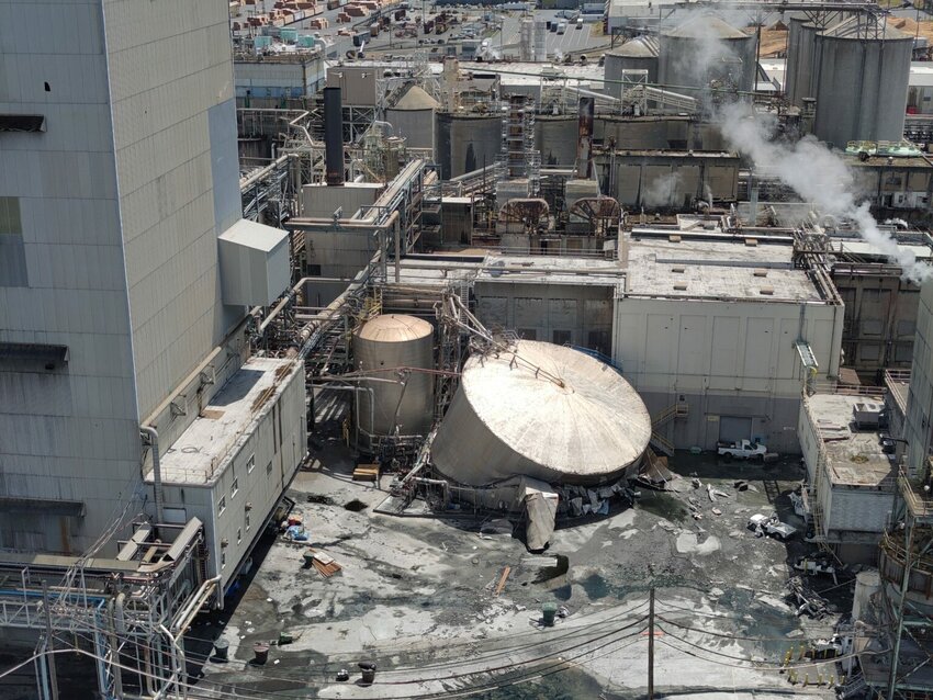 A view of the Nippon Dynawave Packaging plant on May 27, 2026, following the catastrophic failure of a tank that contained a corrosive chemical. (Photo courtesy of Washington State Department of Ecology)