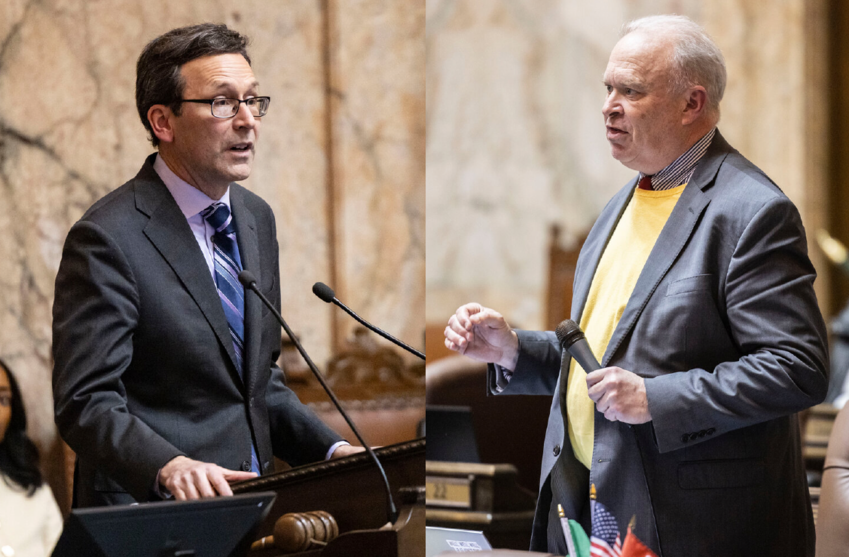 Gov. Bob Ferguson, left, and state Rep. Jim Walsh, R-Aberdeen.