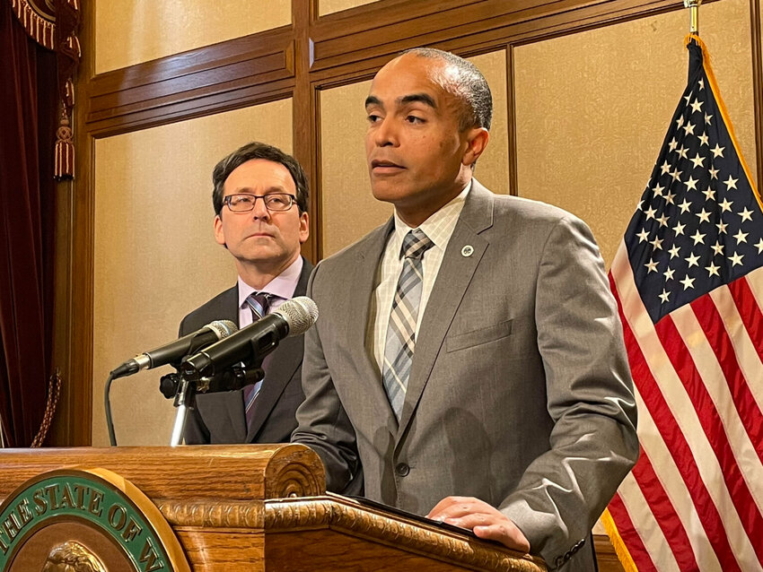 Washington state Attorney General Nick Brown, right, is asking the U.S. Supreme Court to accept a challenge of the political maps for the state Legislature so a lower court can determine if the way the lines were drawn complies with a recent ruling in a Louisiana case. Gov. Bob Ferguson, left, served as attorney general when the redistricting legal fight began. (Photo by Jerry Cornfield)