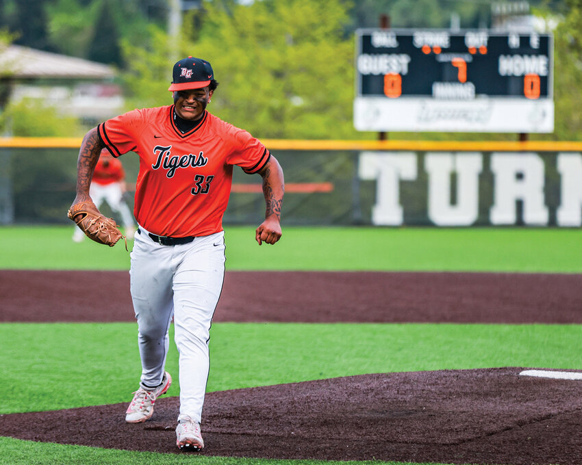 Battle Ground senior James Gill III is fired up after capping off his seven innings of no-run pitching with a strikeout during the Tigers&rsquo; 2-1 win over Union High School in 13 innings on Tuesday, April 28.