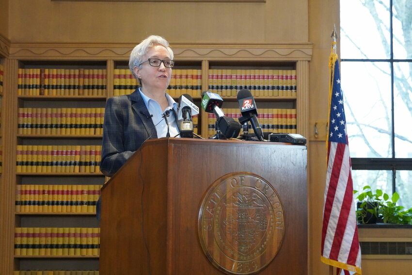Gov. Tina Kotek talks to reporters on Wednesday, Jan. 31, 2024, at an event to preview the legislative session. The governor and lawmakers plan to prioritize the state&rsquo;s homelessness and drug addiction crises during the 2024 session.