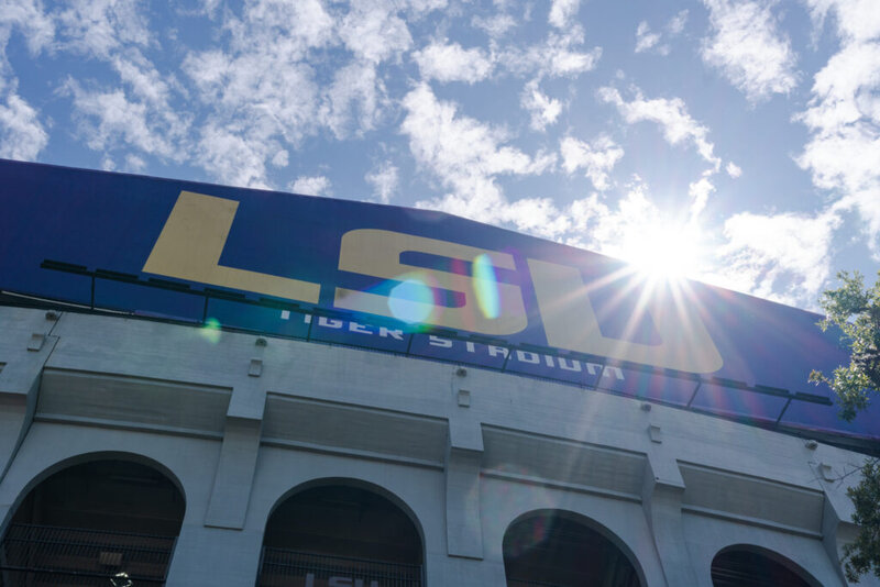 Clouds pass over Tiger Stadium on March 20, 2023, on Louisiana State University&rsquo;s campus in Baton Rouge.