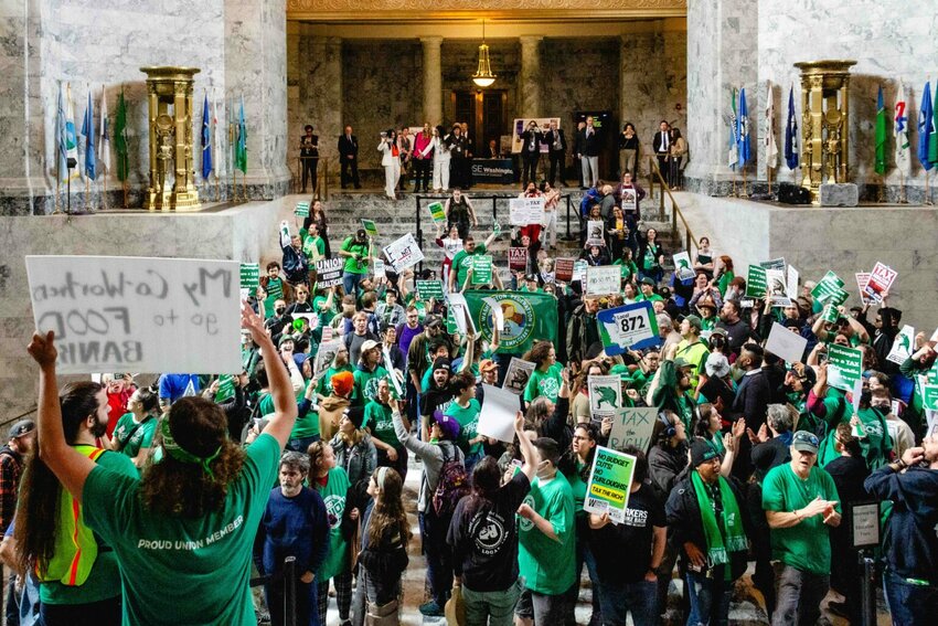 Hundreds of state workers entered the state Capitol in Olympia to protest potential furloughs amid a massive budget shortfall on Wednesday, April 9, 2025. (Photo by Jacquelyn Jimenez Romero/Washington State Standard)