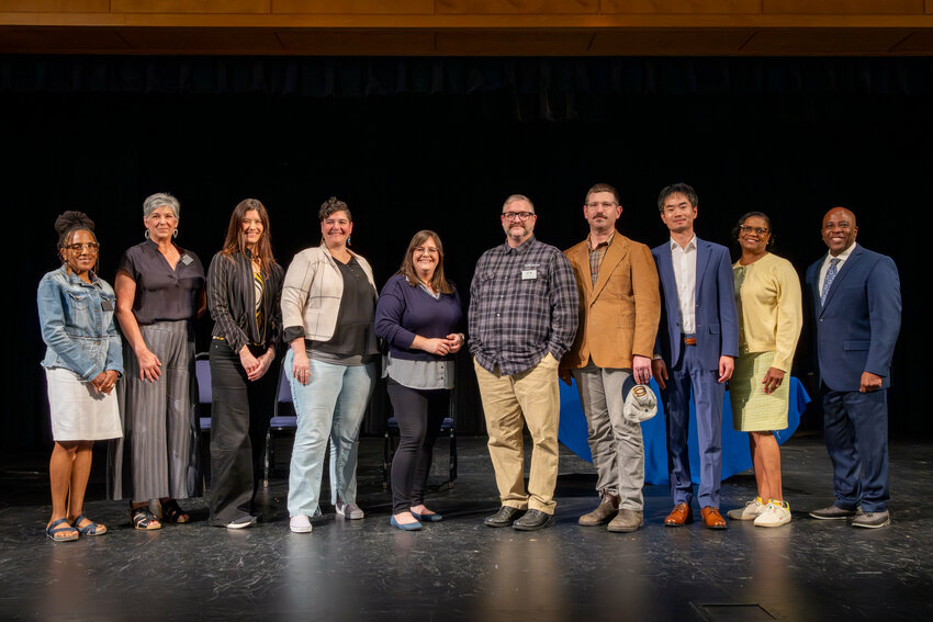 Left to right: Board Chair Marilee Scarbrough, Trustee Jeanne Bennett, Nicole Mottier, Sarah Blanchette, Tina Jenkins, Jeff Rush, Kevin Edwards, Bo Li, President Karin Edwards, Dr. William &lsquo;Terry&rsquo; Brown