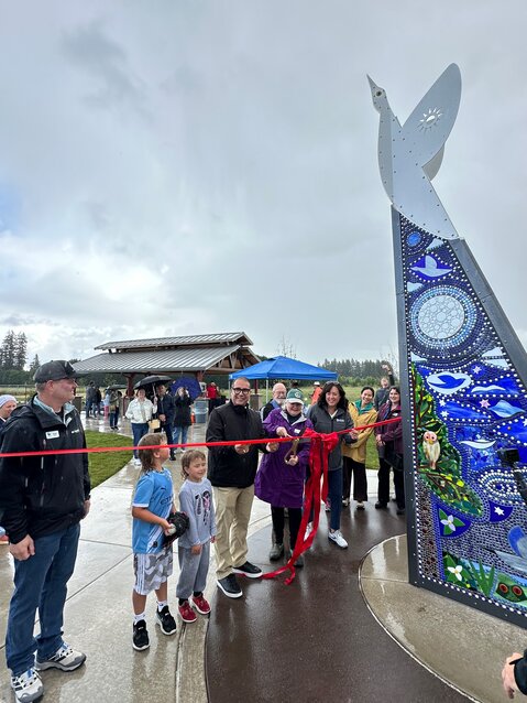 Cutting the ribbon; adults from left: Ross Hoover Clark County Parks and Nature division manager, Sen. Adrian Cortes, Clark County Council Chair Sue Marshall, Rep. Stephanie McClintock