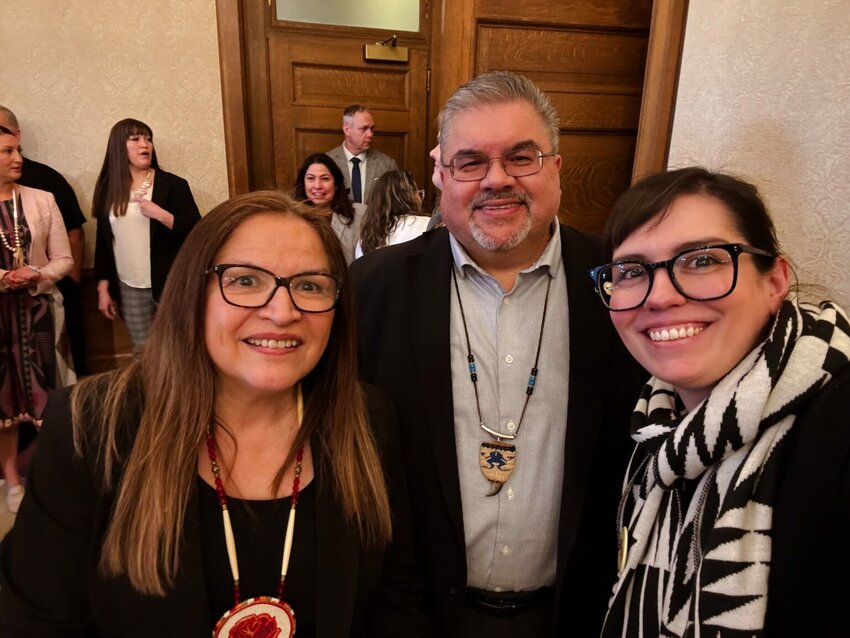 Tim Reynon, center, stepped down as executive director of the Governor's Office of Indian Affairs earlier this month. State Sen. Claudia Kauffman, left, sponsored a new law elevating the office to a cabinet agency for Gov. Bob Ferguson. At right is Jaime Martin, the governor's former external relations director. (Photo courtesy of Jaime Martin)