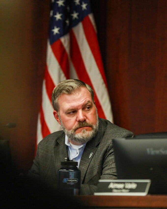Battle Ground Mayor Eric Overholser listens to another councilor during the Monday, June 1, Battle Ground City Council meeting.