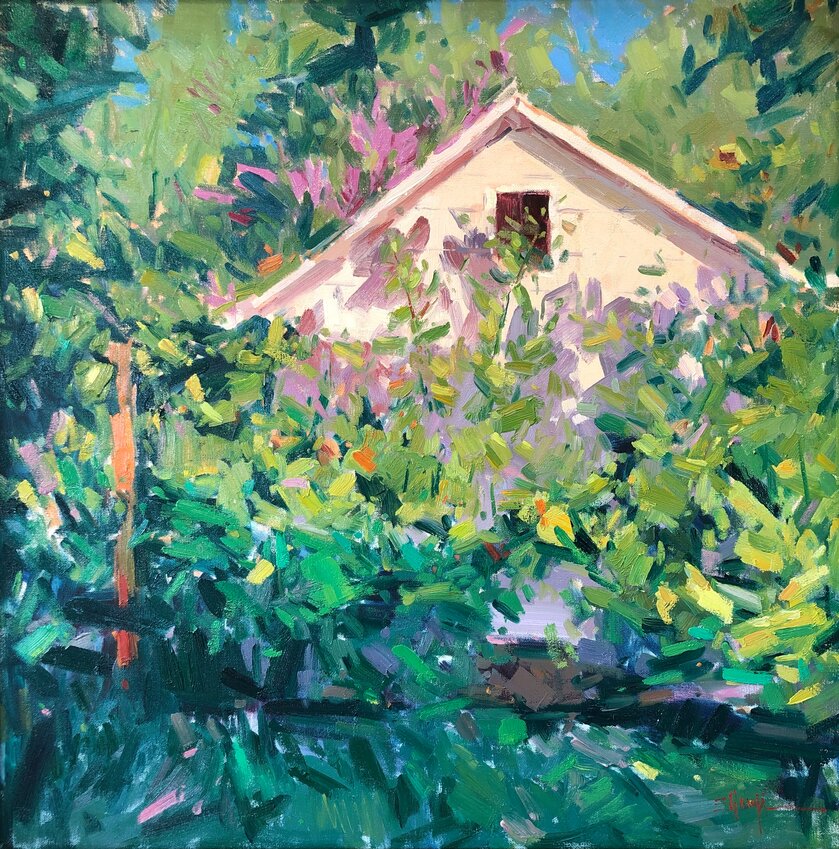 &ldquo;Garden Shed at Sunrise&rdquo; by Elizabeth Ganji depicts a white-walled home peeking out from a lush garden.