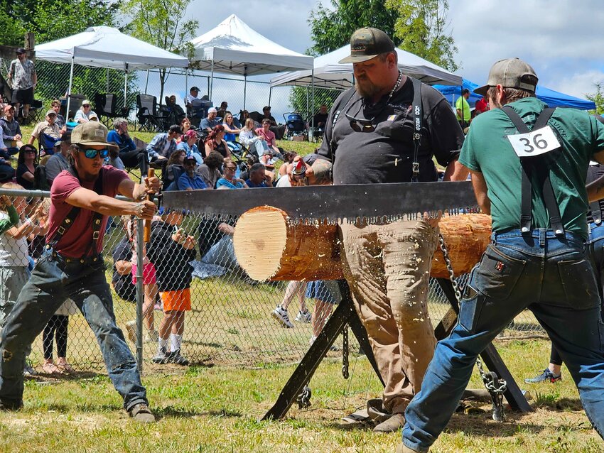Participants saw a log in the Double Buck Saw event in the Amboy Log Show at the Territorial Days Celebration on Saturday, July 11.