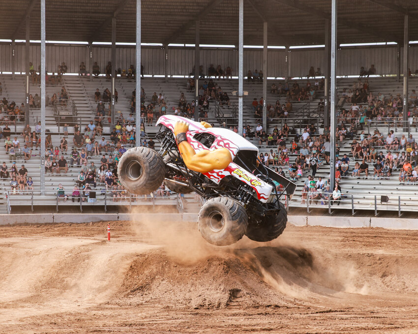 Monster truck &ldquo;Elbows Up&rdquo; hits a jump during the 2 p.m. Thursday, Aug. 13, performance at the Clark County Fair.