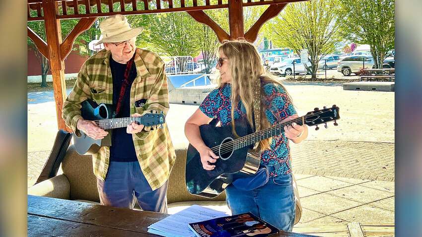 Tim Dawdy uses fingerpicks to strum his dobro.