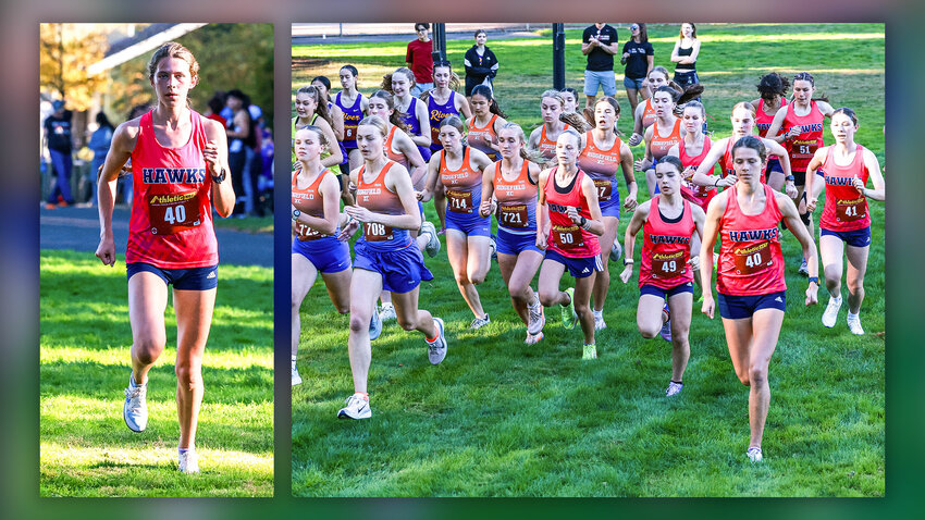 Girls cross country runners from Ridgefield and Hockinson run side-by-side at the start of the varsity girls race in a 2A Greater St. Helens League cross country meet on Wednesday, Oct. 7, at Hockinson Meadows Community Park.