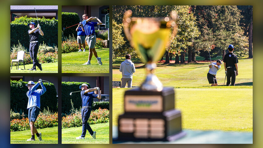 The Clark County Cup trophy sits behind the first tee box at Royal Oaks Country Club in Vancouver as high school golfers compete in a match play event on Monday, Oct. 5.
