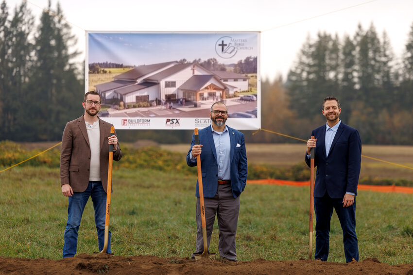 The elders and deacons of Master&rsquo;s Bible Church pose for a photo before the groundbreaking ceremony at the church&rsquo;s future location in Brush Prairie on Oct. 17.