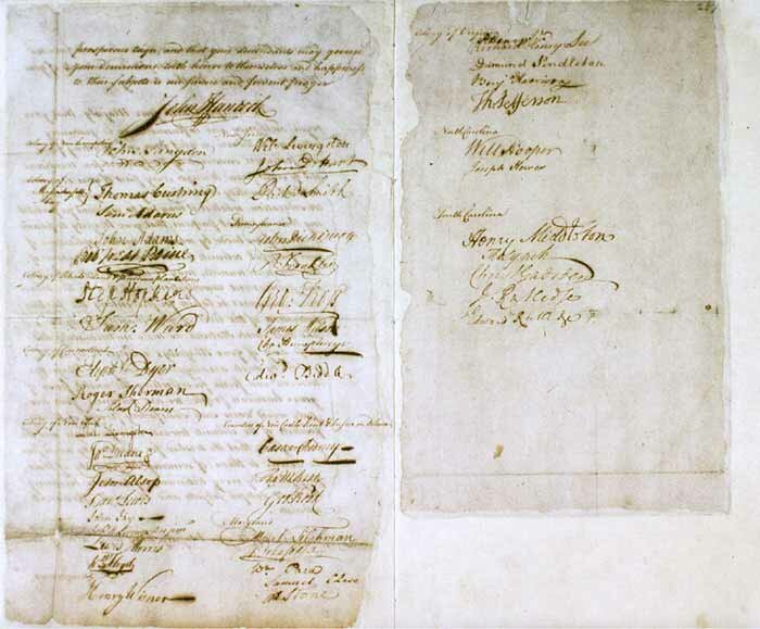 The signature page of the Olive Branch Petition adopted by the Second Continental Congress on July 5, 1775, and signed July 8, 1775.